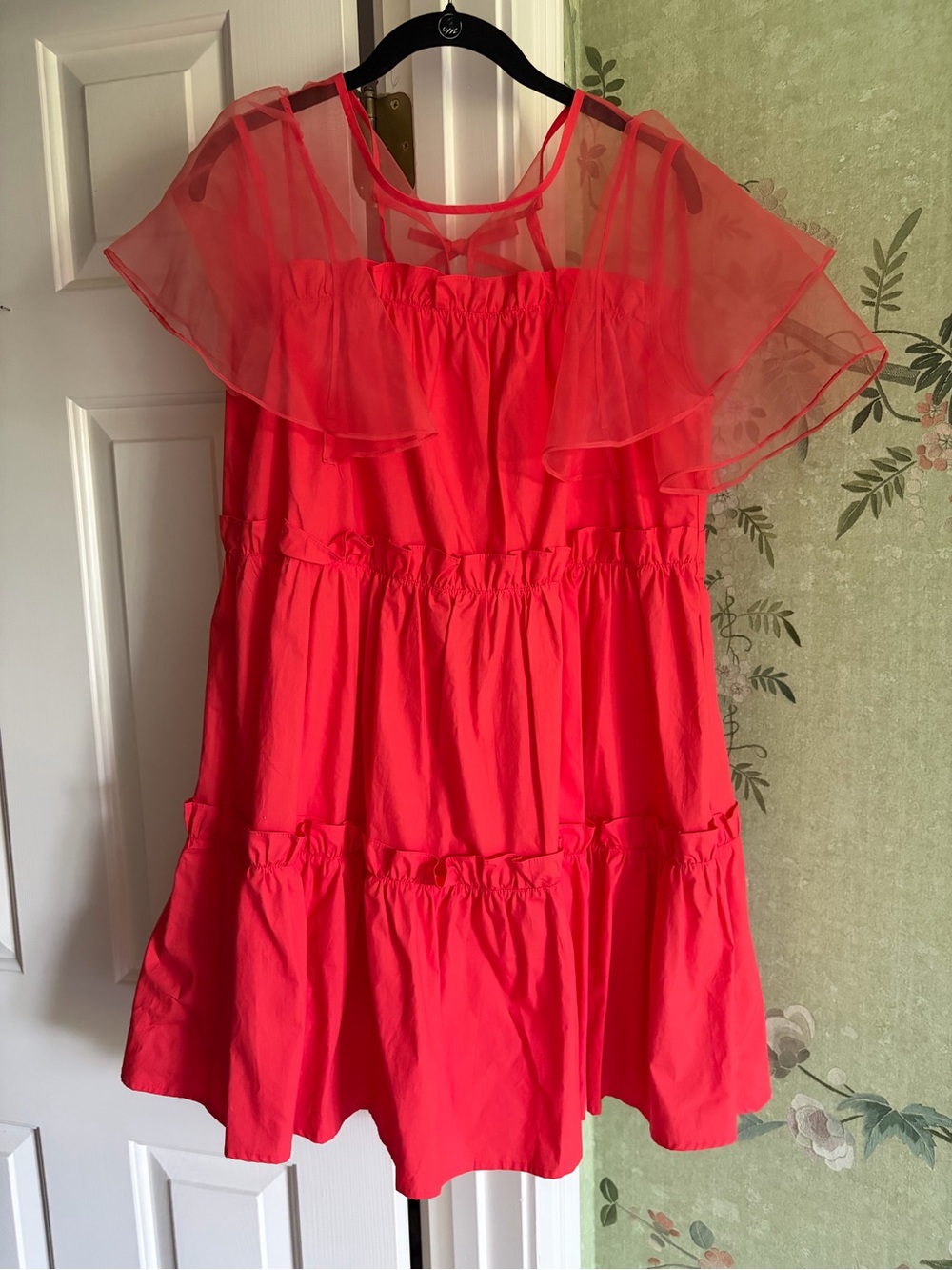 CROSBY by Mollie Burch Coral-Red Tiered Mini Dress with Sheer Capelet
